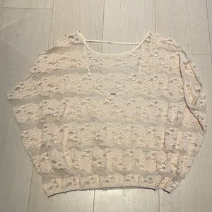 Free People Cream Sheer Lace/Mesh Short Sleeved Top Size S